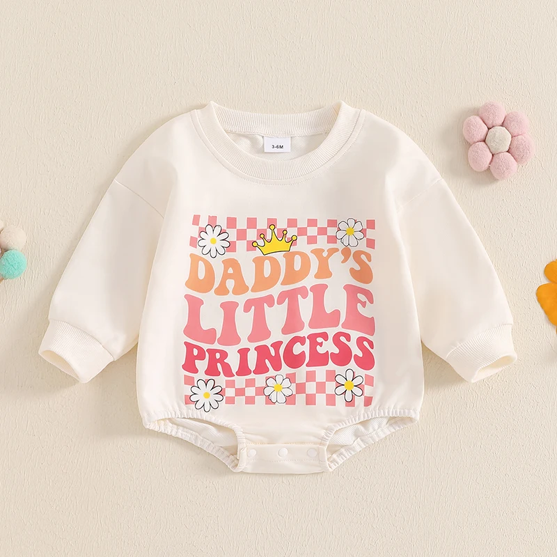 Baby Girl Sweatshirt Romper Crown Letter Print Crew Neck Long Sleeve Jumpsuit for Fall Winter