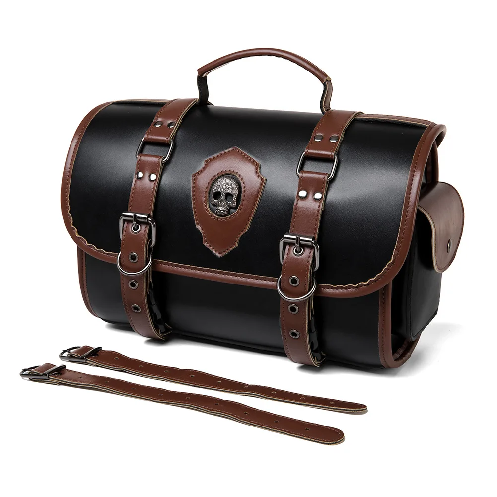 Vintage Skull Motorcycle Side Bag Gear Duke PU Leather Dual Brown Straps Universal Motorbike Storage Handbag