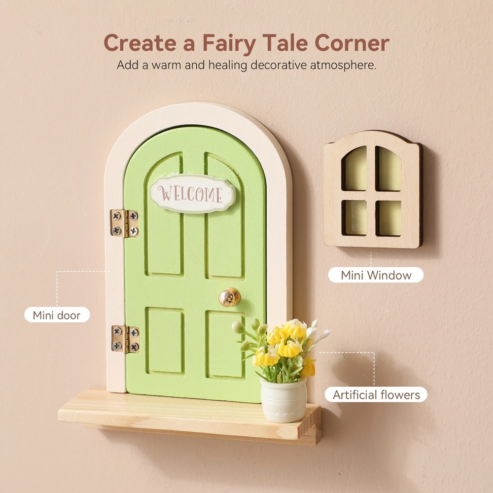 Fairy Garden Door Decor Set – Glow in The Dark Mini Window & Door with Artificial Flowers, Wooden Base, Water-Based Paint