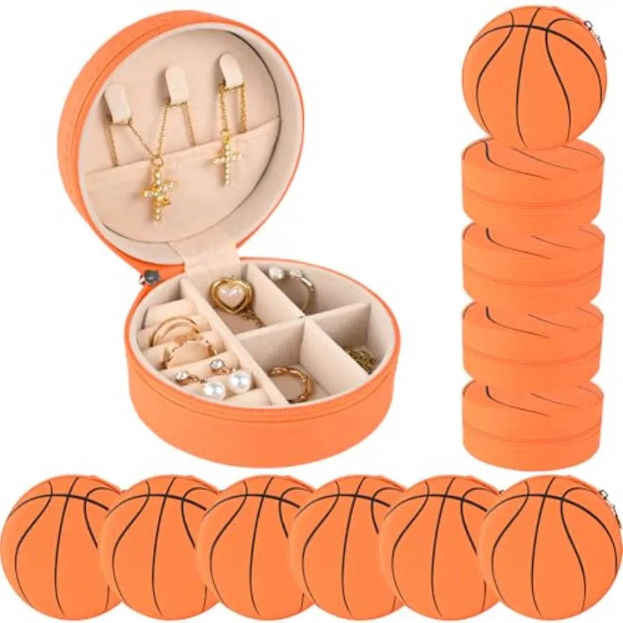 

12 Packs Basketball Mini Travel Jewelry Case Round Basketball Stuff Small Portable PU Leather Jewelry Box Organizer Storage Cas