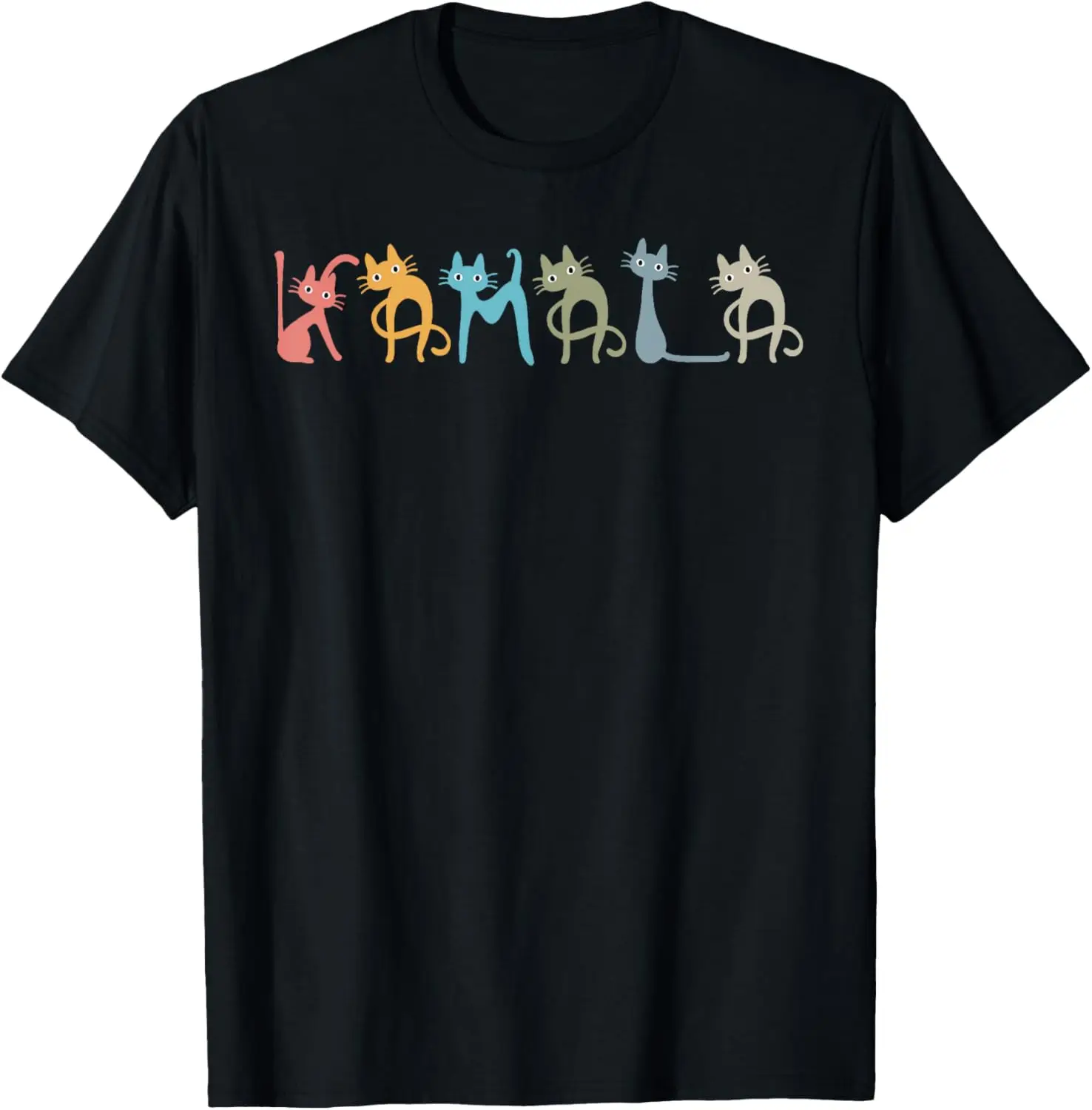 Kamala Cat Lettering Graphic Tee Retro Feline Design Women's Cotton T-Shirt Casual Streetwear