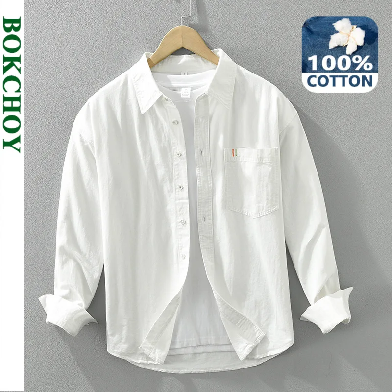 2024 Spring New 100% Cotton Simple Long Sleeve Shirts for Men Clothing Solid Color Loose Soft White Shirt CM6927