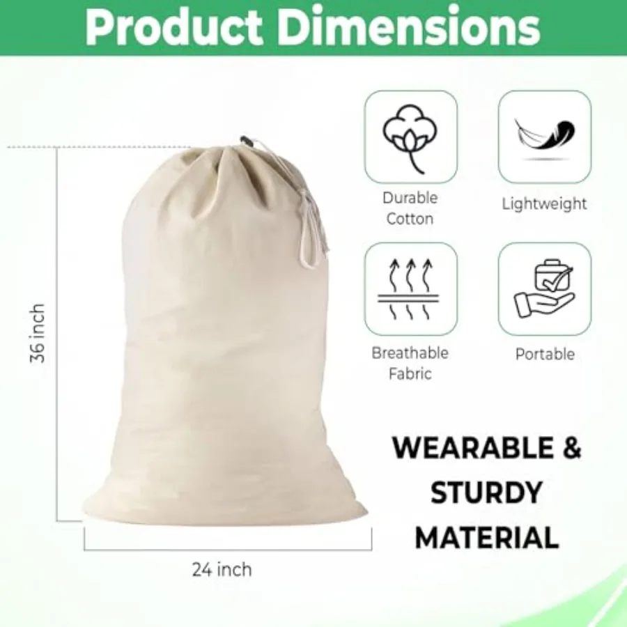 Large Cotton Laundry Bags 24x36 Inch with Drawstring, Heavy Duty Travel Organizer for Hamper, Basket, Camp 2 Pack