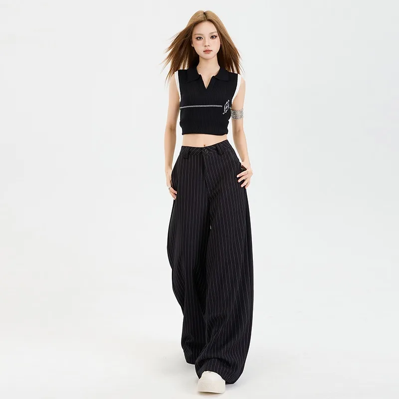 Black Striped Wide Leg Suit Pants for Women Loose Thin Hanging Casual Versatile Slimming Multi-functional Straight Leg Pants