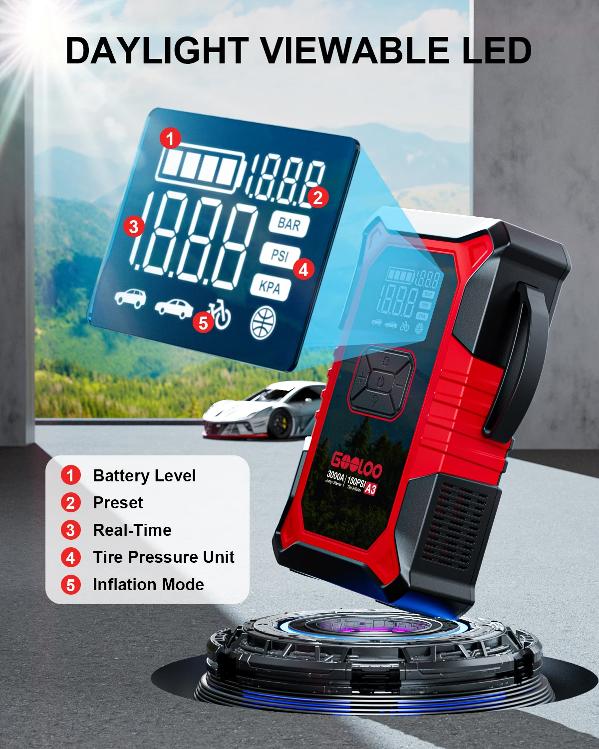 GOOLOO A3 Jump Starter مع ضاغط هواء، معزز بطارية السيارة المحمول 3000 أمبير (9.0 غاز/6.5 لتر ديزل) مع إيقاف تلقائي 150 رطل لكل بوصة مربعة