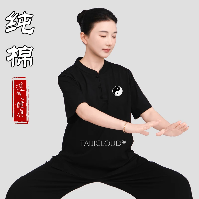 

Женская футболка тай-чи 2025 — топ с короткими рукавами из 100% хлопка для Baduanjin и кунг-фу, летняя тренировочная футболка