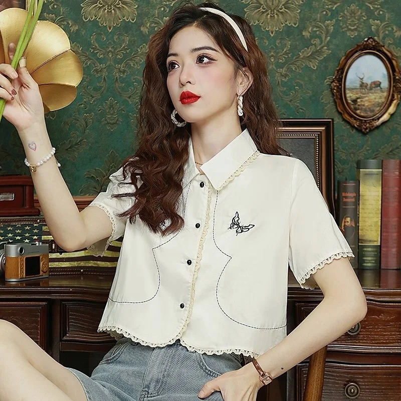 半袖シャツ女性シフォンフレアスリーブパッチワーククロップド Tシャツ屋外自由奔放に生きるガーリッシュ夏のトレンド若々しいレジャー学生