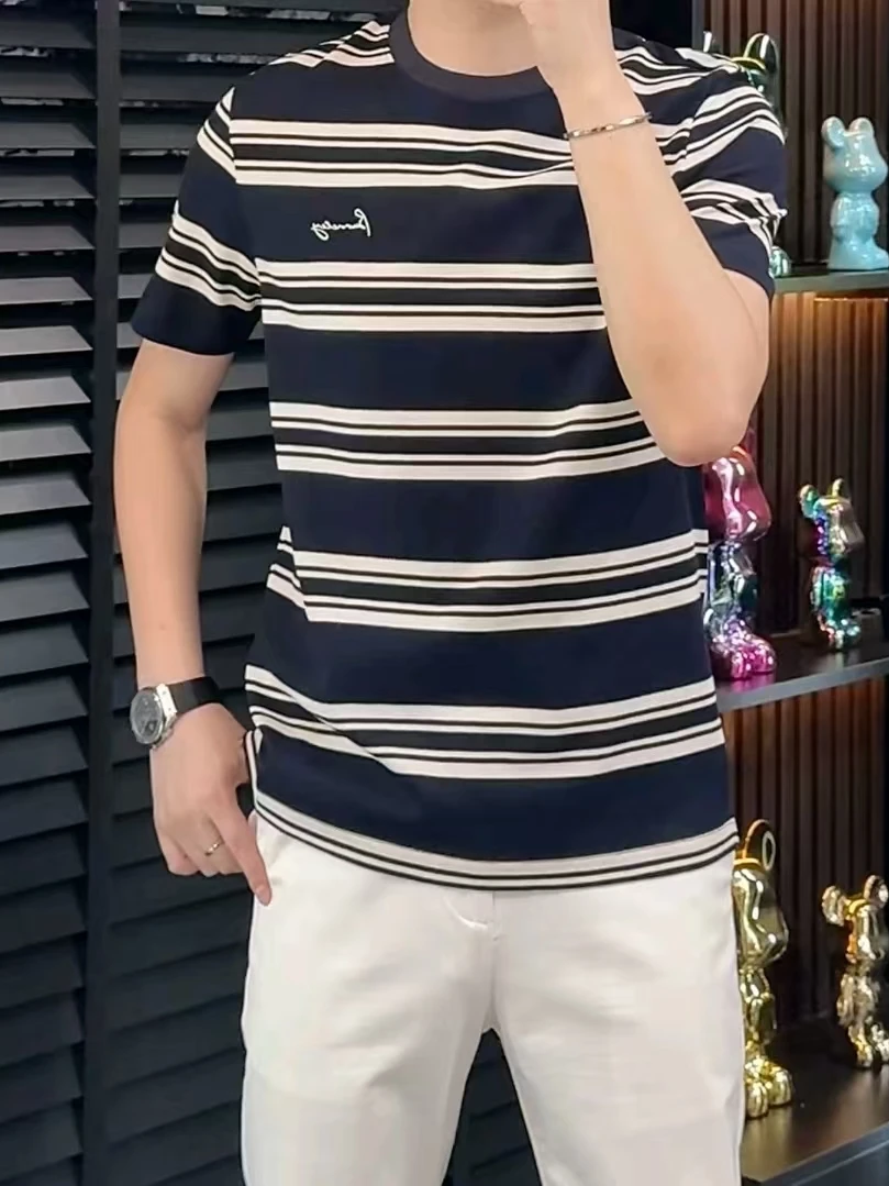 High Quality Men's round Neck Striped T-Shirt Short Sleeve Casual Summer Fashion Cool Personality Standard Fit Antibacterial