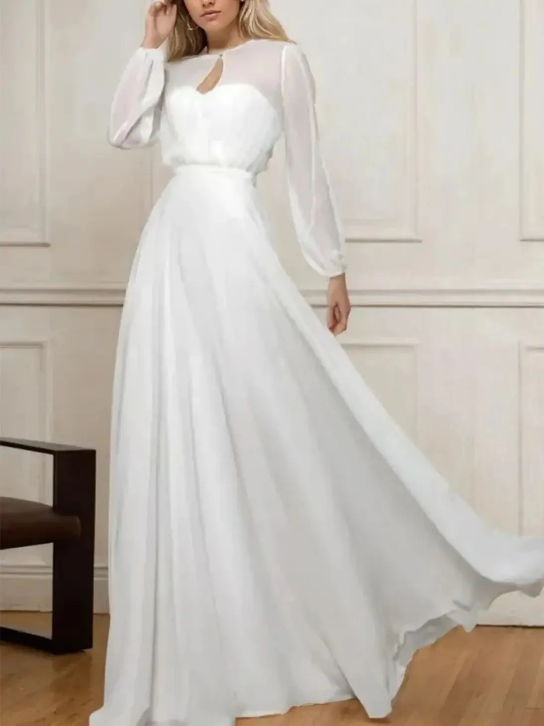 

Elegant A-Line Prom Gown Chiffon Long Sleeve Illusion Neck Empire Floor Length Pleats edding Guest Dress 2025 Free Customized