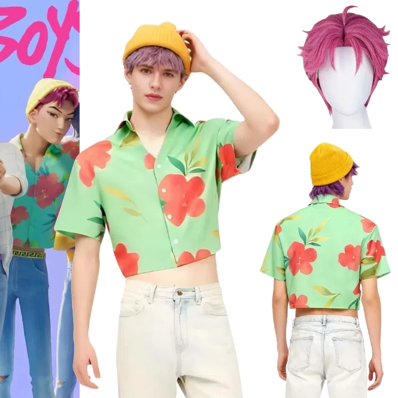 أزياء أنيمي Kpop شيطان الصيادين التأثيرية آبي ساجا للأولاد قميص أخضر بلوزة شعر مستعار وردي مجموعة كاملة لعب الأدوار الزي للنساء والرجال