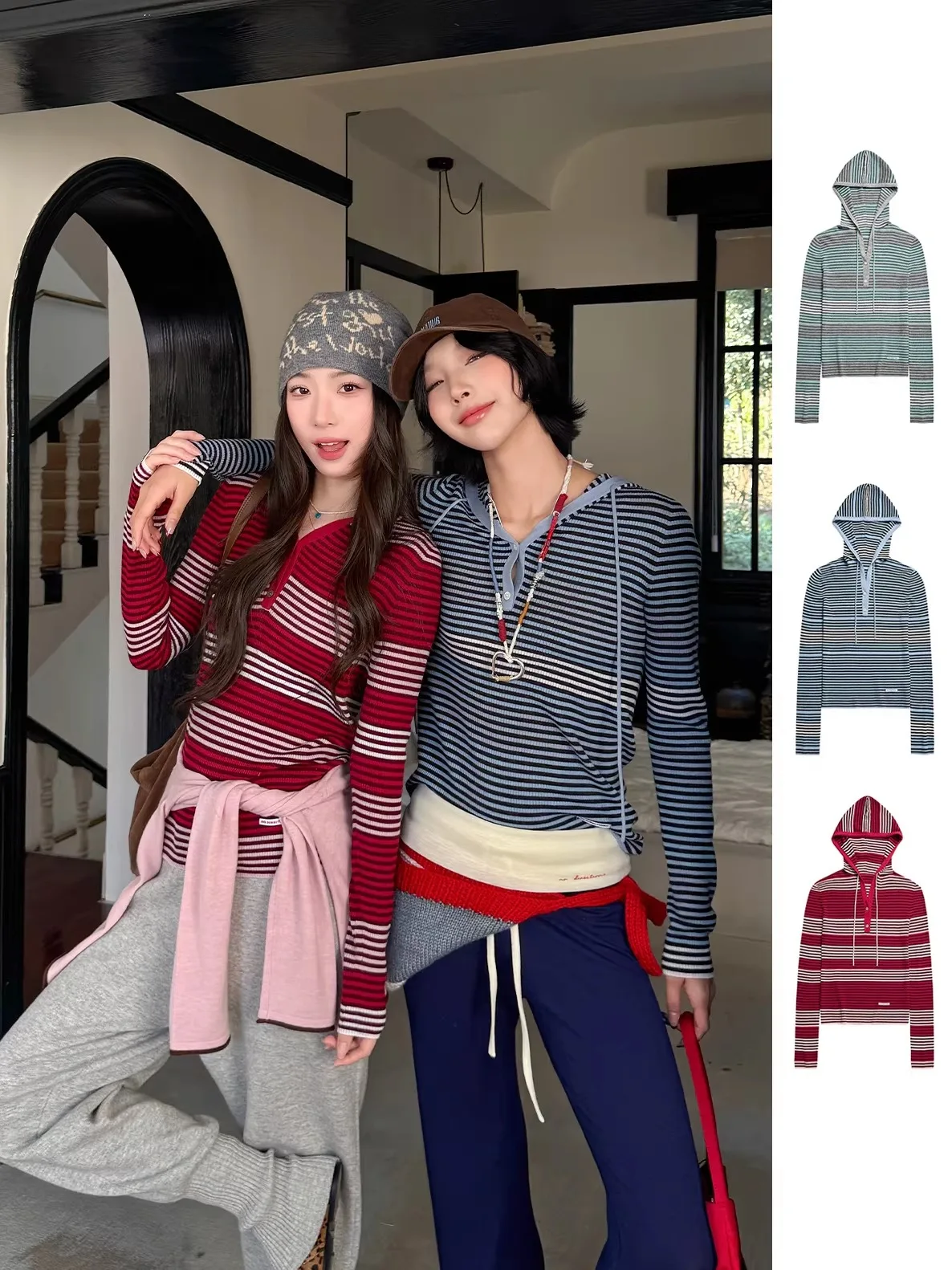 

New Arrival Brand Woolen Striped Knitwear DEARSOCUTE Casual Sle Long Sve Hooded Regular Fit Women's Sweater