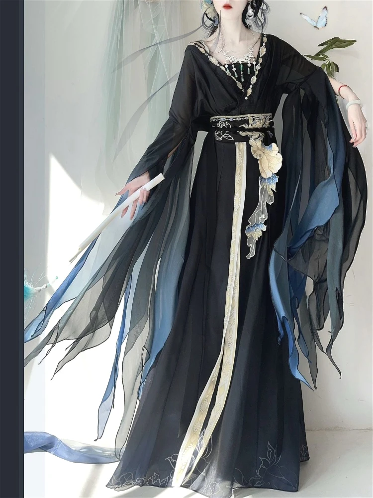 Chin 북부 및 남부 왕조 왕조 자수 Hanfu 드레스 레이디 스타일 세련된 빈티지 무대 의상 댄스 블랙 세트