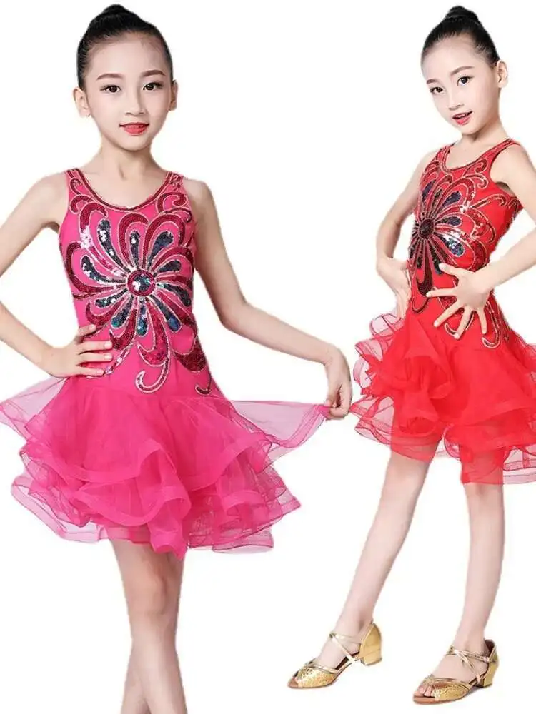 Traje profesional de competición de baile latino para niñas y niños, vestido de baile latino con flecos de lentejuelas, vestido de Salsa de Tango de salón Bachata