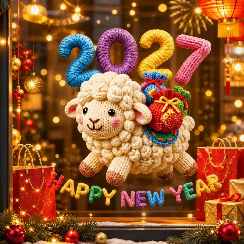 2027 New Year Static Window Cling Double Sided No Glue Sheep Sticker Decal Removable 3D Effect Glass Door Sticker