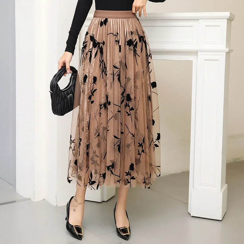 

Fairy Women Tutu Tulle Skirt Elastic High Waist Double Wear Side Layered Vintage Floral Flocked Mesh A-Line Midi Long Skirt