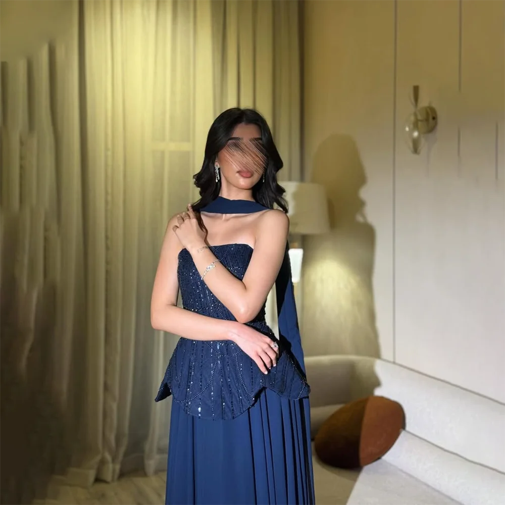 Navy Long Prom Dress Customized Sequined Jersey Strapless Evening Gowns with Scarf Pleated Chiffon A Line Formal Party Dresses