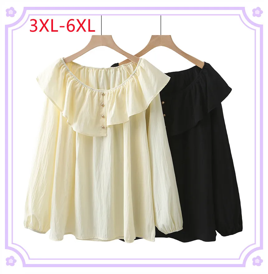

New 2025 Ladies Spring Autumn Plus Size tops For Women Large Size Long Sleeve Cotton O-neck Ruffle Shirt 3XL 4XL 5XL 6XL