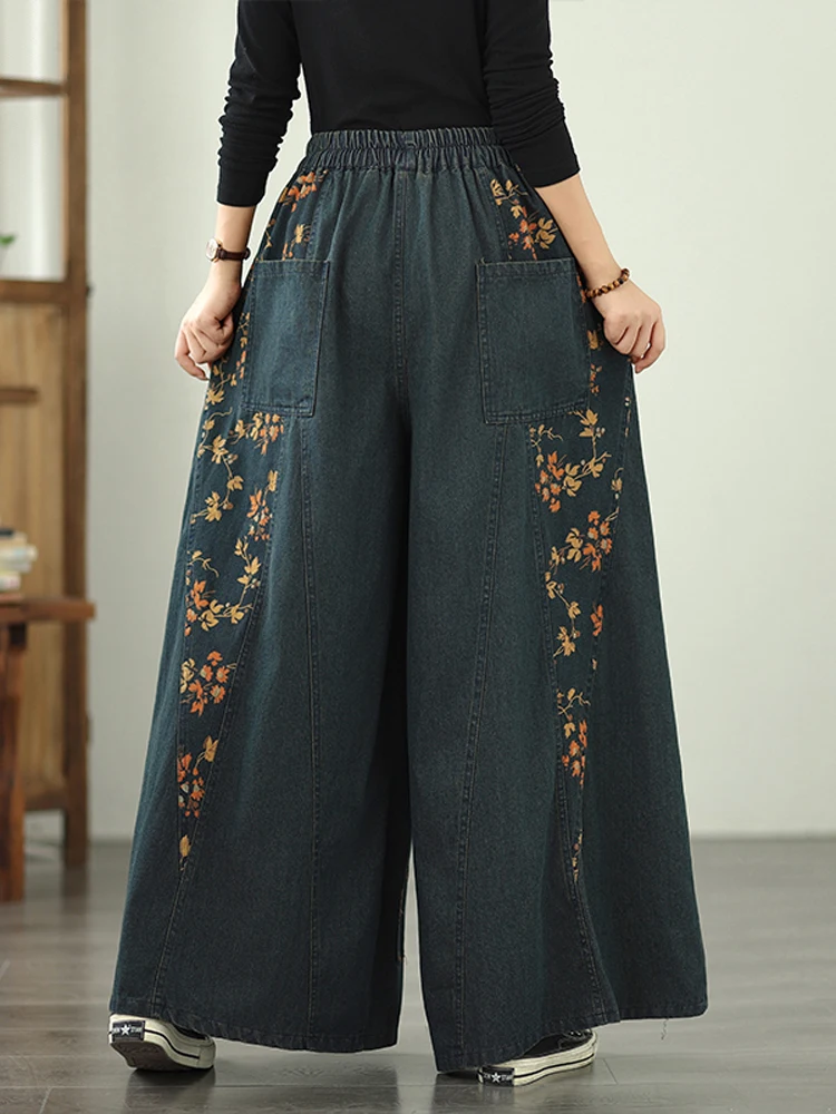 NYFS 2025 جديد الخريف امرأة الدنيم واسعة الساق السراويل فضفاضة حجم كبير بنطلون خمر طباعة مرونة الخصر الجينز