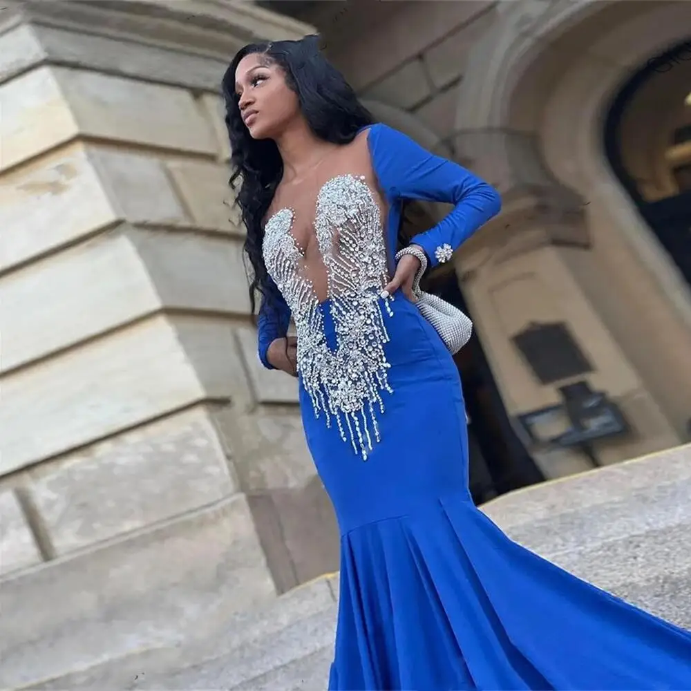 Blue Luxury Elegant Mermaid Evening Dress New Fashion Feather Unique Design Formal Occasion Dress فساتين للحفلات الراقصة