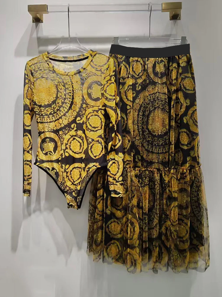 Mono de punto con estampado geométrico retro de diseñador, conjunto de dos piezas, vestido de mujer para la primavera de 2026 + falda plisada holgada, traje de moda