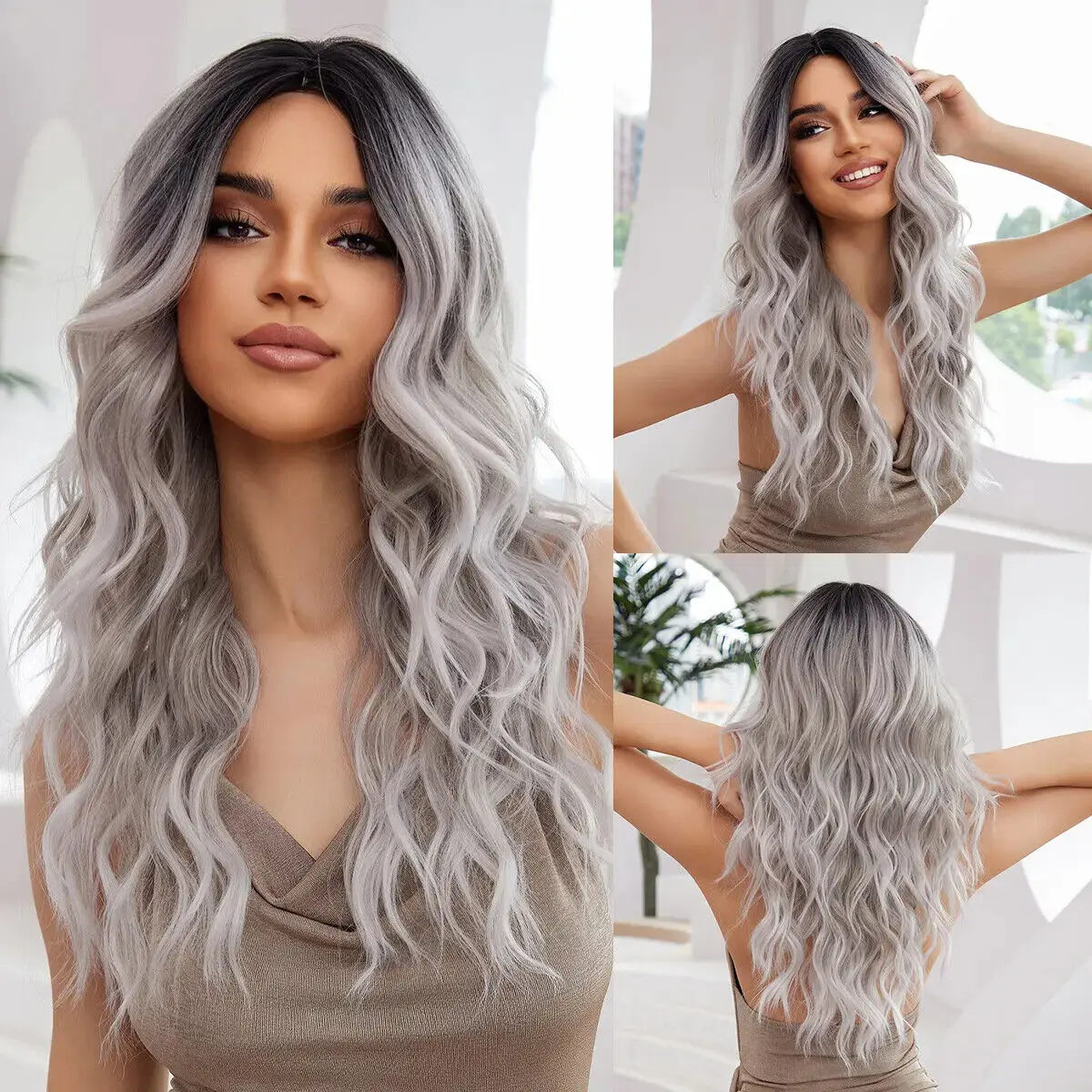 

Hair Long Water Wave Ombre Dark Root to Grey Color Middle Part Wigs Synthetic