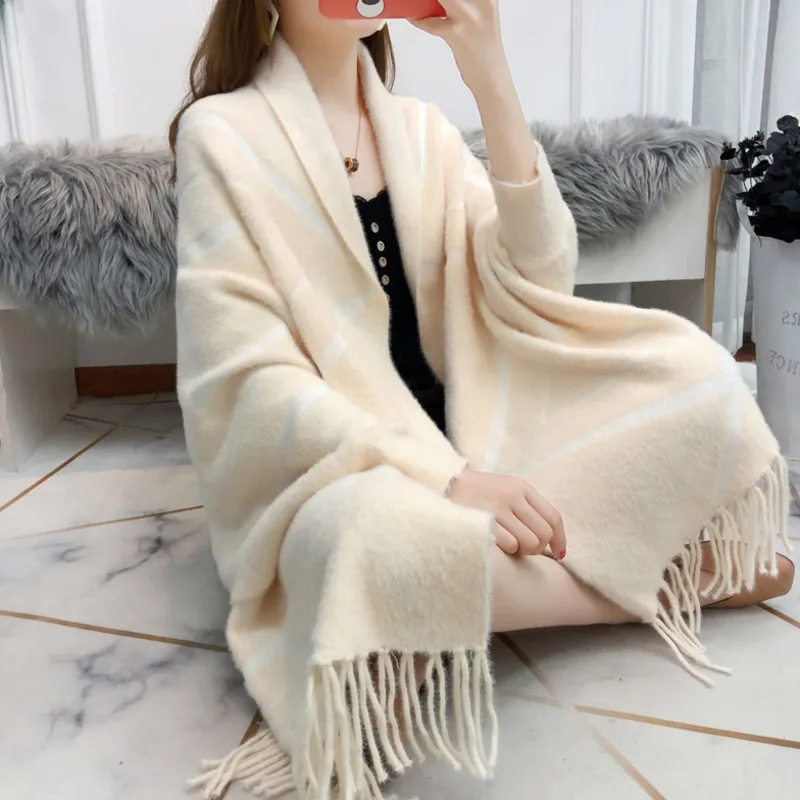 #4007 Autumn Winter Mink Cashmere Ponchos And Capes Women Warm Thick Cardigan Kimono Shawls And Wraps Femme Pink Beige Khaki