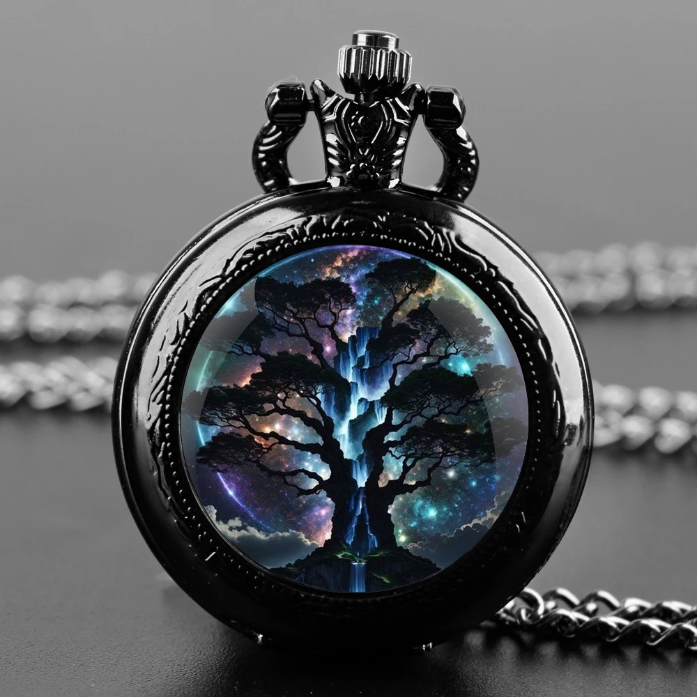 Magic Tree Design Glaskuppel-Quarz-Taschenuhr mit langlebiger Kette, arabisches Ziffernblatt für Männer und Frauen, kreative Geschenke