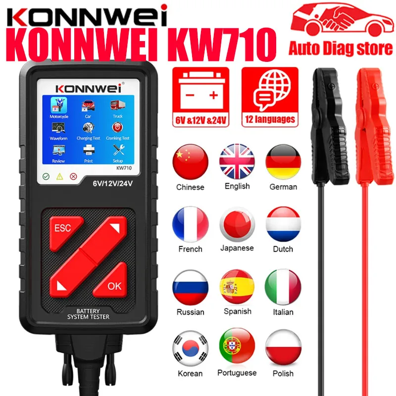 KONNWEI-Testeur de batterie de voiture, outil de diagnostic de charge avec clip amélioré, 6V, 12V, 24V par 2000CCA, 2024