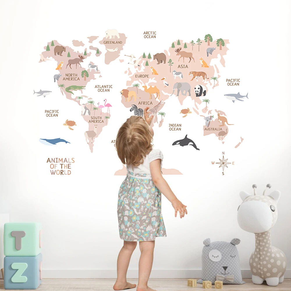 Cartoon Large World Map Animals Theme Educational Wall Stickers Nordic Nursery Art Decals for Kids Room Study Room Decoration