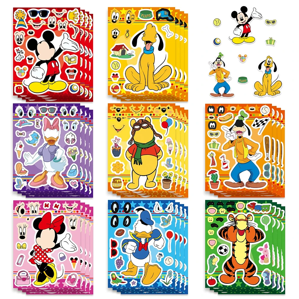 

8/16sheets Disney Mickey Mouse Make a Face Puzzle Stickers Cute Donald Duck Assemble Jigsaw DIY Cartoon Toy Party Decoration Toy