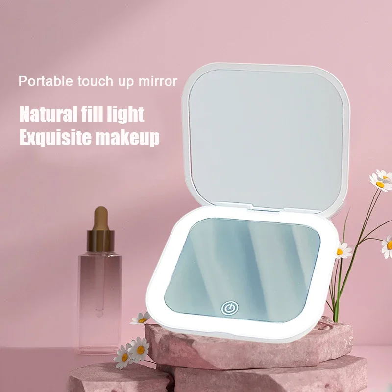 Espelho de viagem dobrável portátil com luz LED, espelho cosmético compacto, espelho de ampliação 10x, 2 lados, beleza, espelho redondo