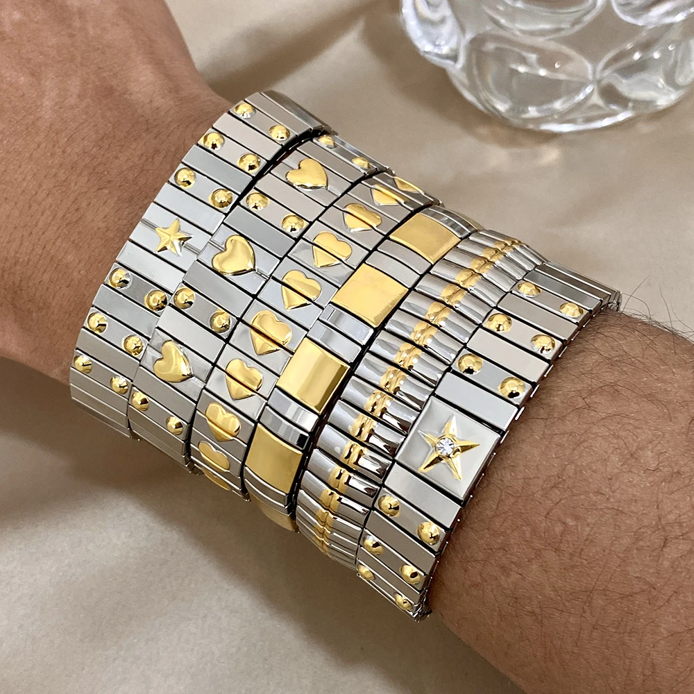 Vintage Stainless Steel Elastic Chunky Bracelets for Women Men Golden Star Heart Adjustable Watchband Bangles Waterproof Jewelry