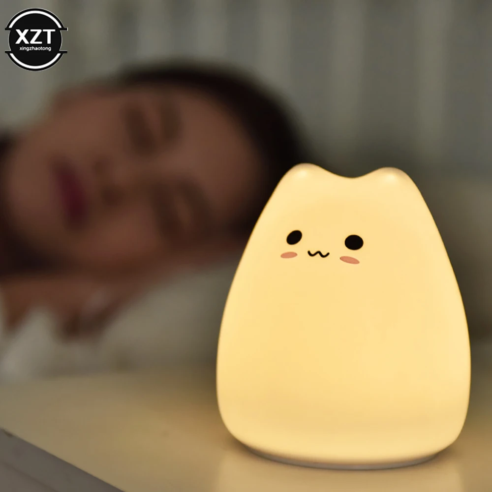 Nightlight LED Lamp Indoor Mini Cute Cartoon Cat Touch Soft Silicone Bedside Lights For Household Kids Toy Gifts Room Decor Lamp