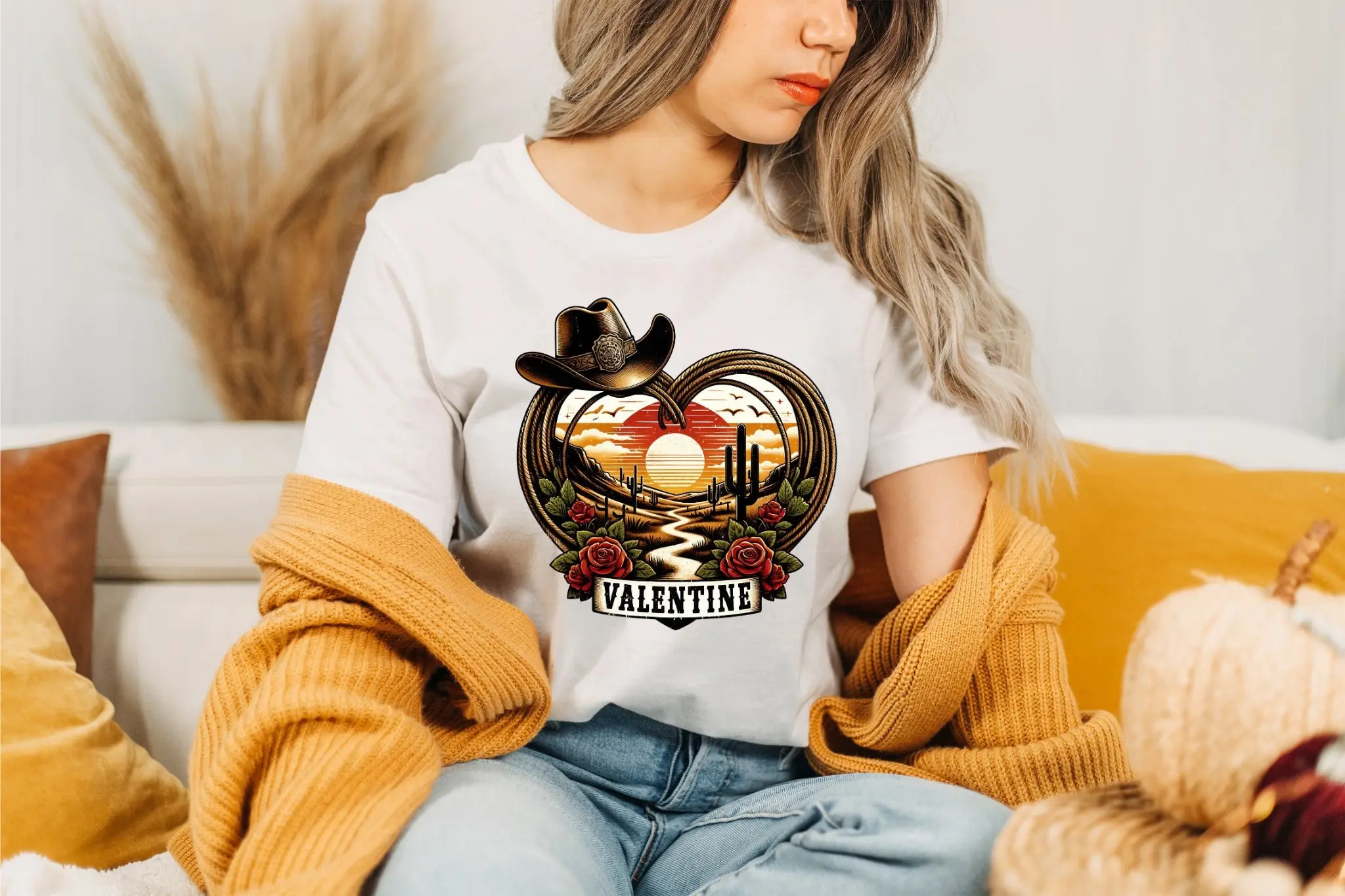 Valentine's Day Western T Shirt Heart Shaped Lasso Cowboy HaT Design Perfect Idea DTG Unique Love Statement