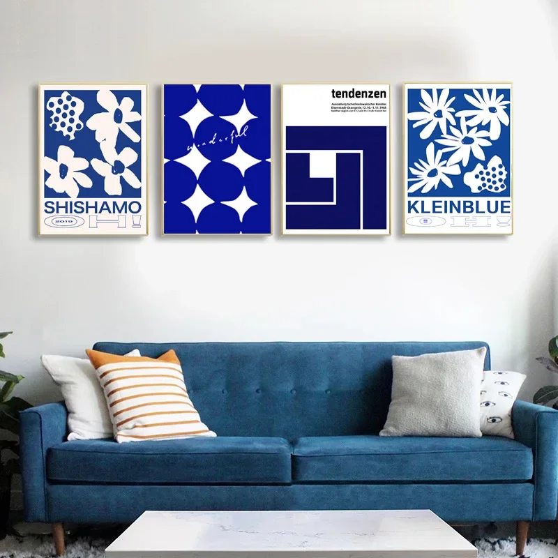 Europe Modern Abstract Klein Blue Geometry Flower Unframed Canvas Painting Posters For Living Room Bedroom Home Wall Art Decor