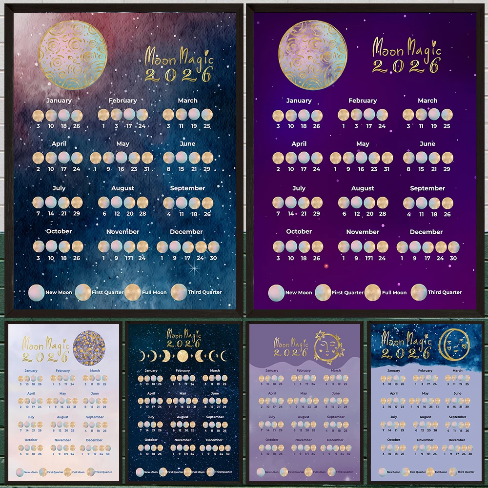 2026 القمر التقويم ويتشي غريموير صفحات الرسم على لوحات القماش الجدارية ، 2026 مراحل القمر التقويم ملصق فني طباعة ديكور المنزل غير المؤطرة