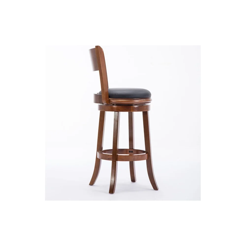 High Back Swivel Wood Bar Stool 29in Durable Faux Leather Seat 360 Degree Rotation Flared Legs Footrest Kitchen Dining Room Bar