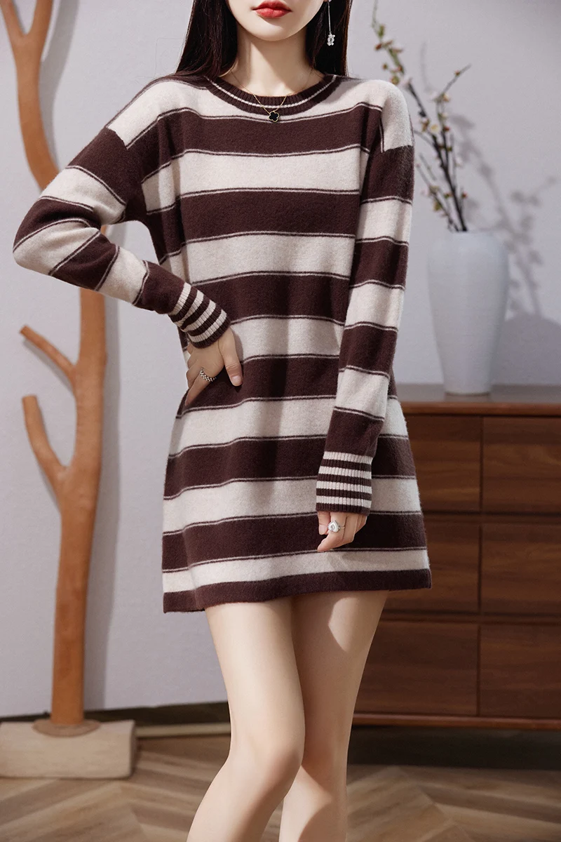 2023 New Arrival Women's Long Striped Sweater Pure Wool Sweater round Neck Fashion All-Match Knitted Dress Autumn Winter Coat