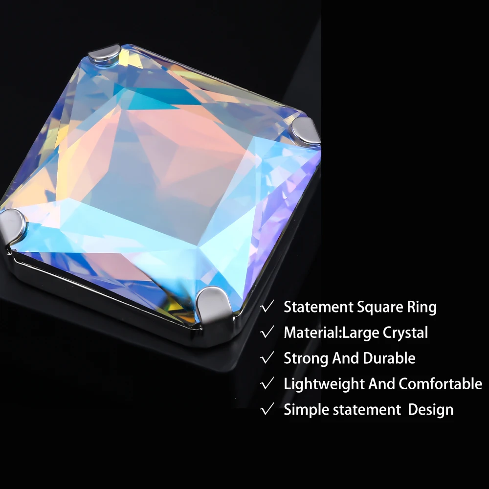 Vintage Square Rhinestone Large Rings Finger Decoration for Women Wedding Crystal Open Ring Adjustable Jewelry Accessories