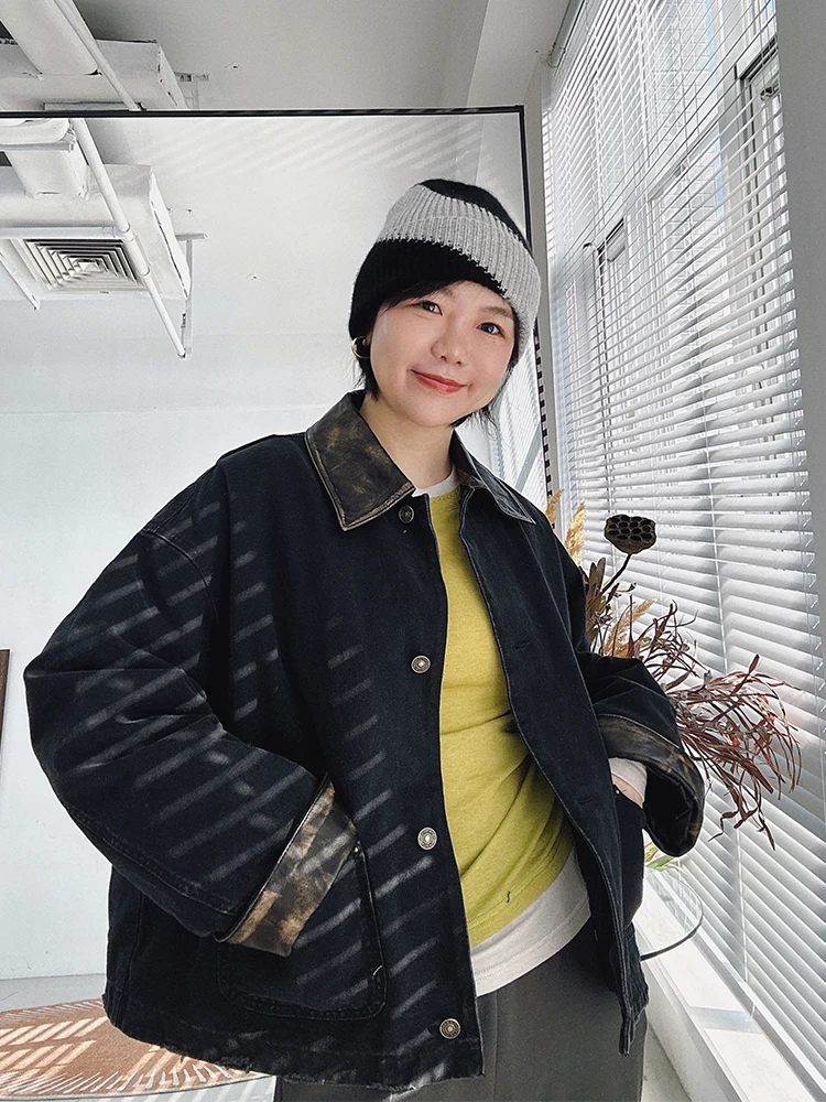 

Теплая зимняя куртка с воротником из овчины и джинсовыми вставками, женское повседневное пальто с наполнителем из белого гусиного пуха