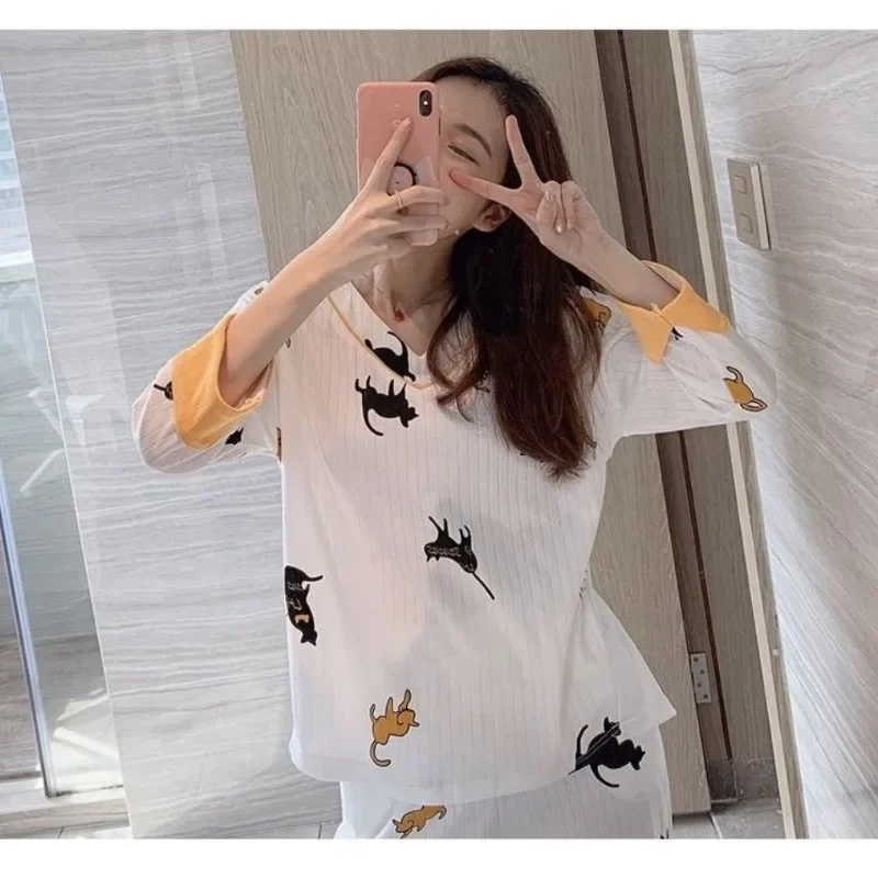 Indumenti da notte Donna Abiti Kawaii Set pigiama autunnale Camicie da notte a maniche lunghe Pullover Set di abbigliamento per la casa Ricamo Indumenti da notte coreani