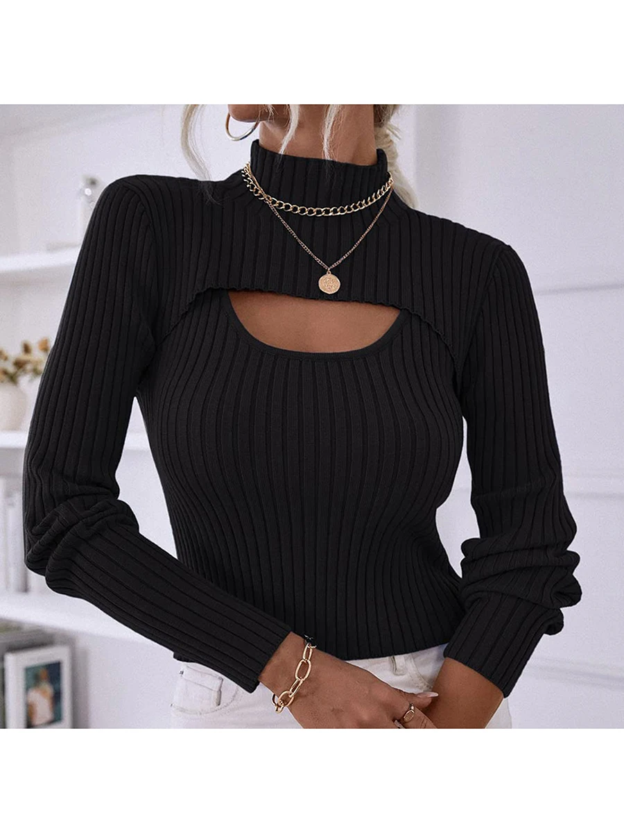 Women Sweaters Knit Tops 2 Piece Cutout Long Sleeve Lightweight Mock Neck Cami Vest Rib Knit Slim Fit Pullover Sweater