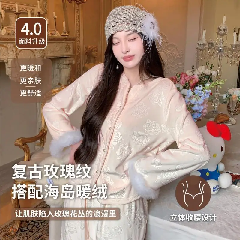 

V Neck Women Pajama Set Long Sleeve Coral Fleece Warm Homewear Autumn Winter Sleepwear Cute Kawaii Nightwear Set