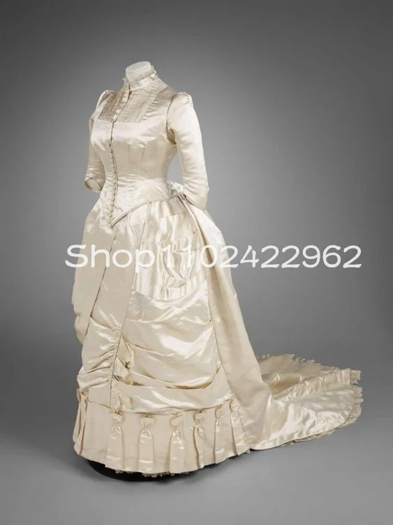 Robe de soirée personnalisée en soie satinée couleur ivoire champagne, à manches longues et plissée au centre, style historique, Gypsy, victorien, robe de bal