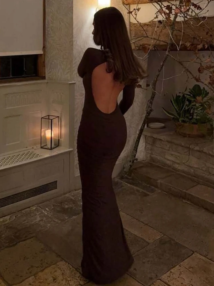 FDYOUI Sexy Aushöhlen Rückenfreies Schwarzes Kleid Party Outfit Frauen Elegante Volle Hülse Bodycon Cut Out Schlanke Lange Abendkleider