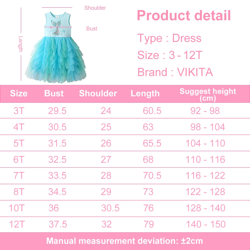 VIKITA Mädchen ärmelloses Sommerkleid mit Meerjungfrauen-Print, blau, für Kinder, mehrlagig, Prinzessin, Geburtstagsfeier, Ballkleid, elegante Tutu-Kleider – Detail 1