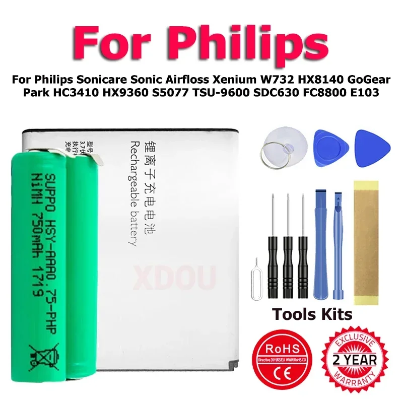 XDOU Battery For Philips Sonicare Sonic Airfloss Xenium W732 HX8140 GoGear sPark HC3410 HX9360 S5077 TSU-9600 SDC630 FC8800 E103