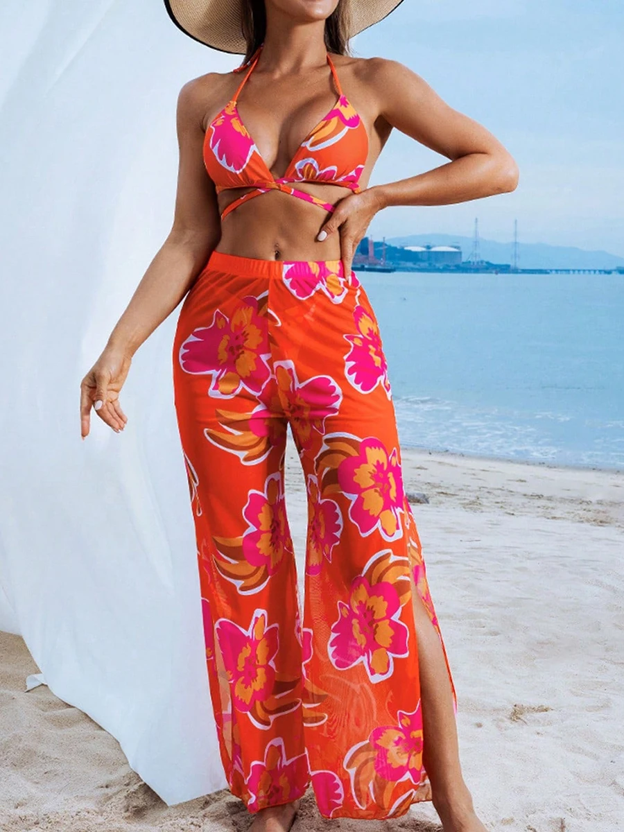 

Купальник-бикини из 3-х частей с принтом и брюками, 2026 год, для женщин, пляжная одежда