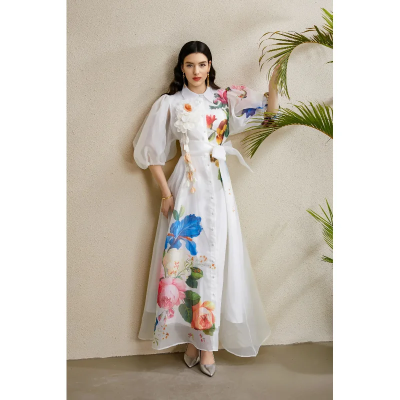 KAROLINA2025 Frühherbst 3D-Blumendruck Long Sve Bubble Sve Holiday Collar Dr Street Sle Mid High Waist Lammsamt