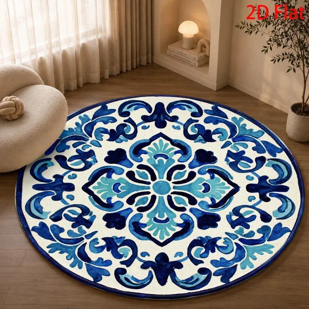 Mediterranean Blue White Tile‑Style Round Rug, Vintage Azulejo Floral Scroll Print Circular Floor Mat for Living Room Bedroom